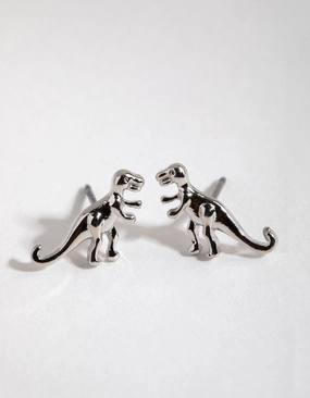 Silver T-Rex Stud Earrings Vibrant Embellishment Glittering Adornment