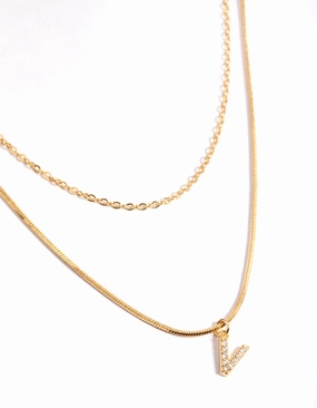 Gold Plated Diamante Letter V Layered Necklace Blogger Accessory