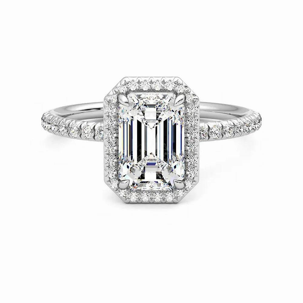 Superior Accessory Fresh Appeal Classic Halo Emerald Cut Moissanite Engagement Ring with Hidden Anniversary Stone Accent