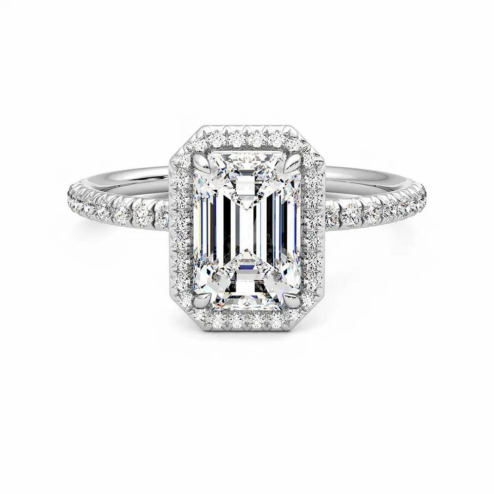 Ceremonial Purpose Classic Halo Emerald Cut Moissanite Engagement Ring with Hidden Anniversary Stone Accent