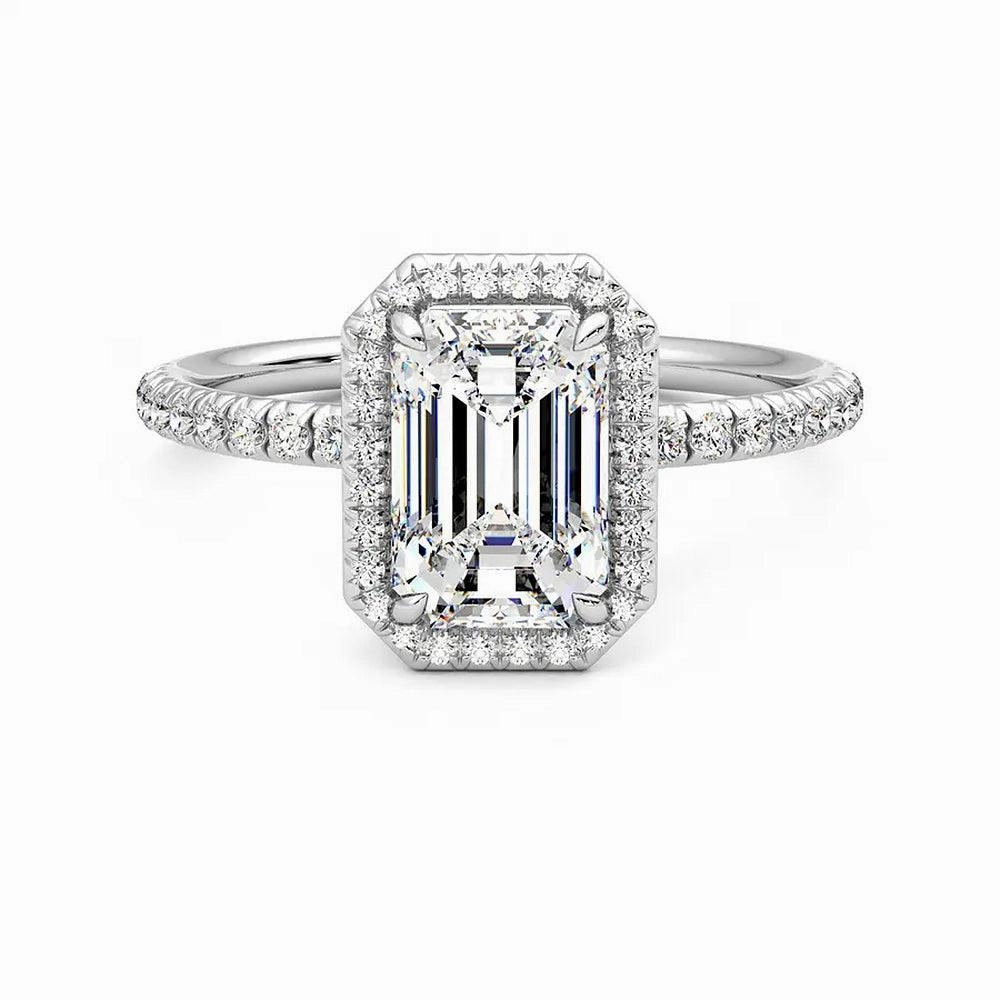 Classic Halo Emerald Cut Moissanite Engagement Ring with Hidden Anniversary Stone Accent Low-Cost Accessory