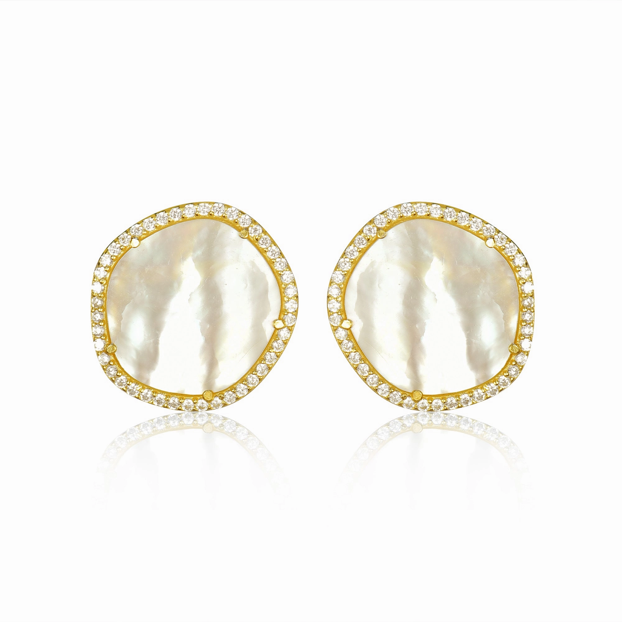 Charming Trinket Gold-Plated Sterling Silver CZ Border With Mother of Pearl Natural Shape Stud Earrings