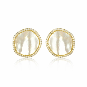 Charming Trinket Gold-Plated Sterling Silver CZ Border With Mother of Pearl Natural Shape Stud Earrings