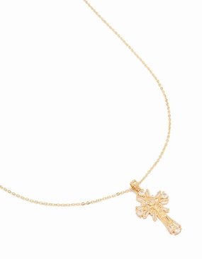 Festival Season Gold Plated Cubic Zirconia Baguette Cross Pendant Necklace