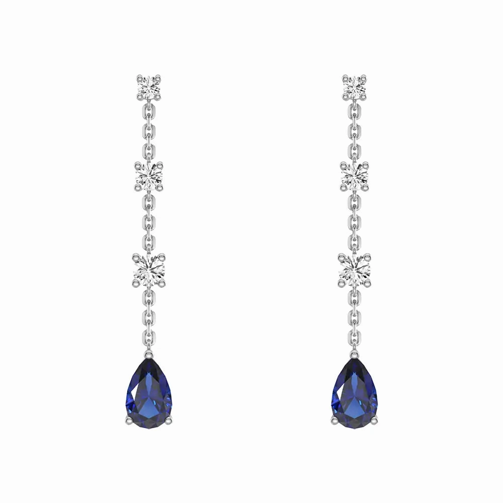 Elegant Tiered Diamond Stud Earrings with Trembling Lab Sapphire Drop Bright Item