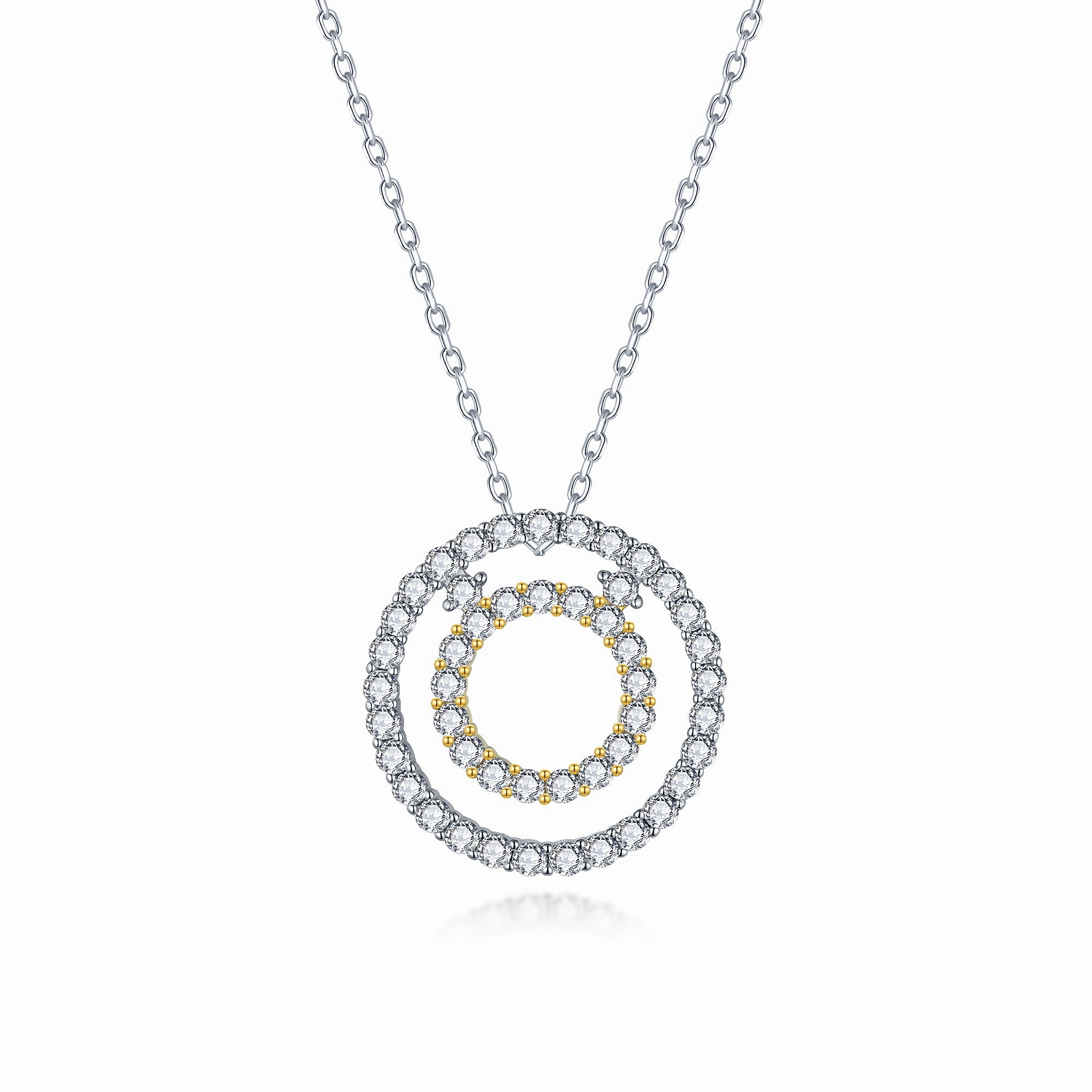 Cool Look Sterling Silver Two Tone Circle Pendant Necklace on Diamond Cut Chain