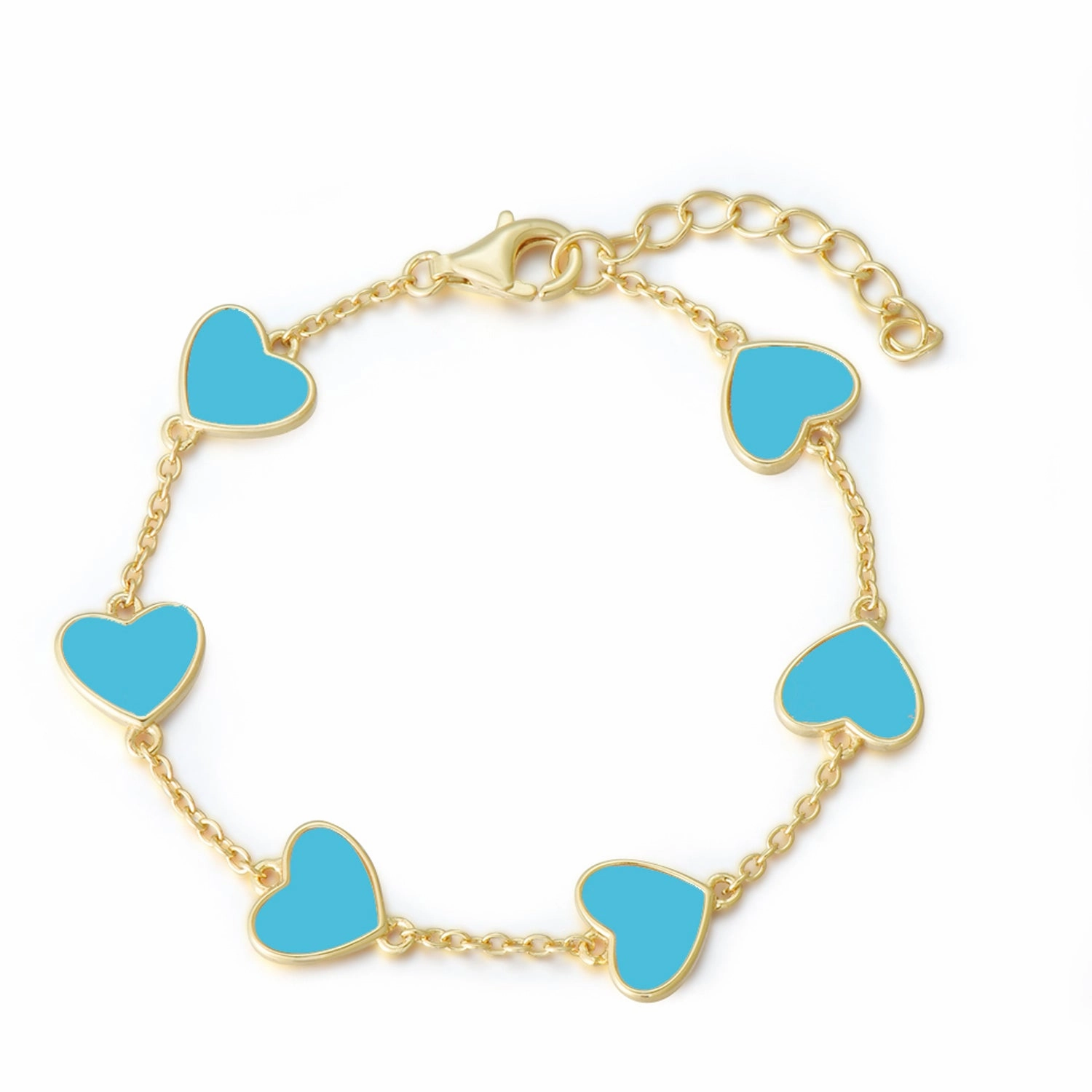 Handmade Quality Gold Plated Sterling Silver Blue Enamel Heart Station Bracelet