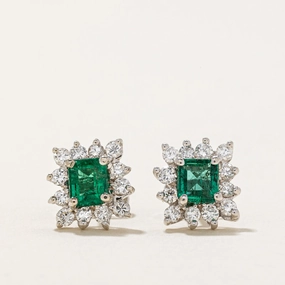 Emerald & Diamond Petal Stud Earrings | 0.70ctw, 0.36ctw | Handmade Craft