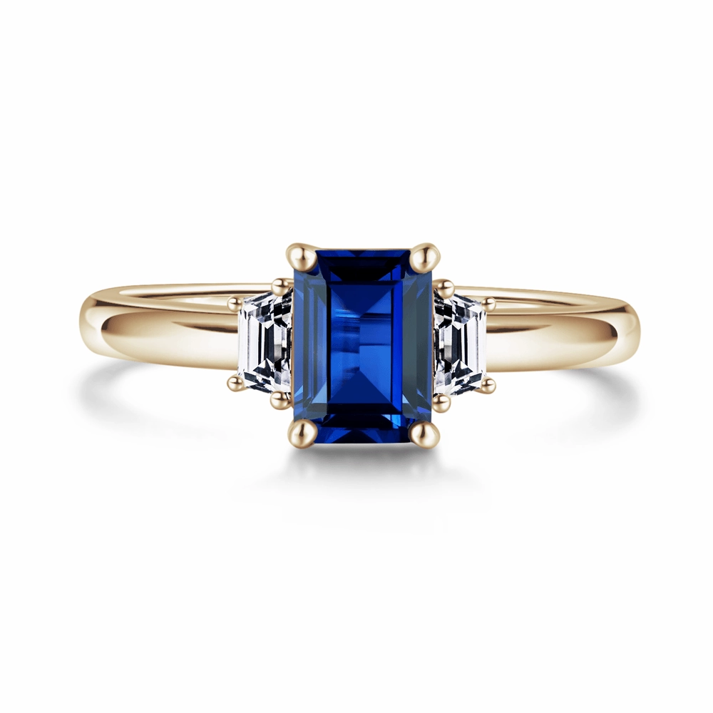 Timeless Beauty Emerald Cut Blue Sapphire and White Sapphire Three Stone Ring