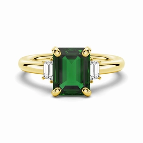 Simple Piece Iconic Style Emerald Cut Emerald and White Sapphire Three Stone Ring