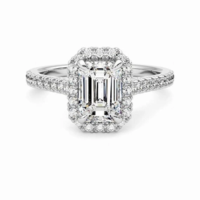 Office Accessory Emerald Cut Halo Moissanite Engagement Ring with Hidden Anniversary Stone Accent