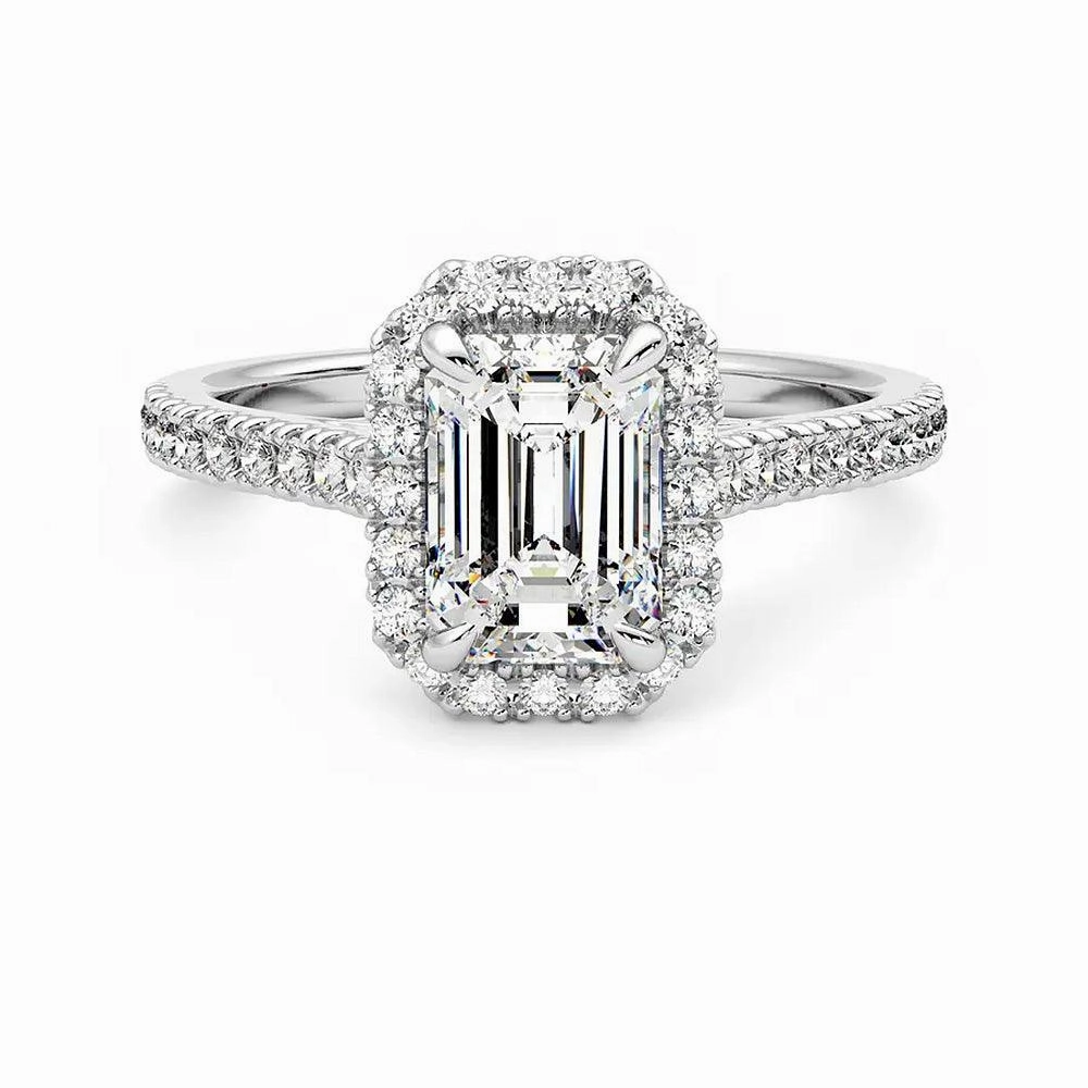 Family Treasure Emerald Cut Halo Moissanite Engagement Ring with Hidden Anniversary Stone Accent