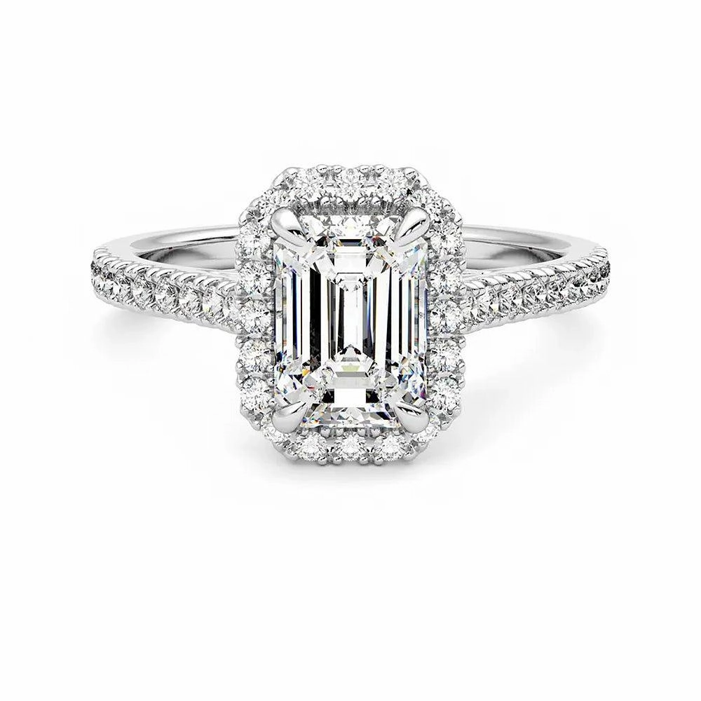 Emerald Cut Halo Moissanite Engagement Ring with Hidden Anniversary Stone Accent Stylish Look Superior Work