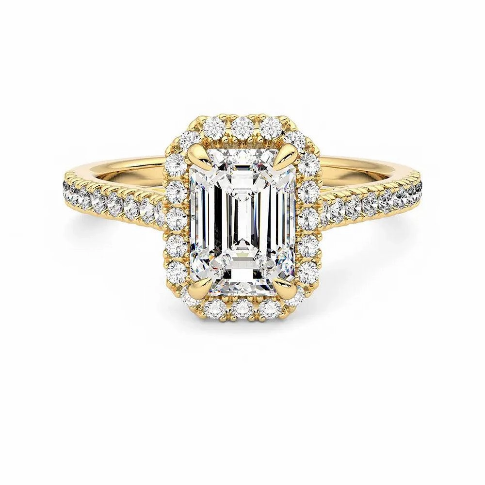 Emerald Cut Halo Moissanite Engagement Ring with Hidden Anniversary Stone Accent Comfortable Piece