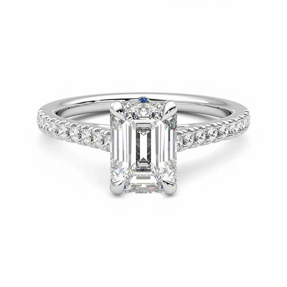 Emerald Cut Moissanite Engagement Ring with Hidden Anniversary Stone and Pav?? Accents High-End Statement