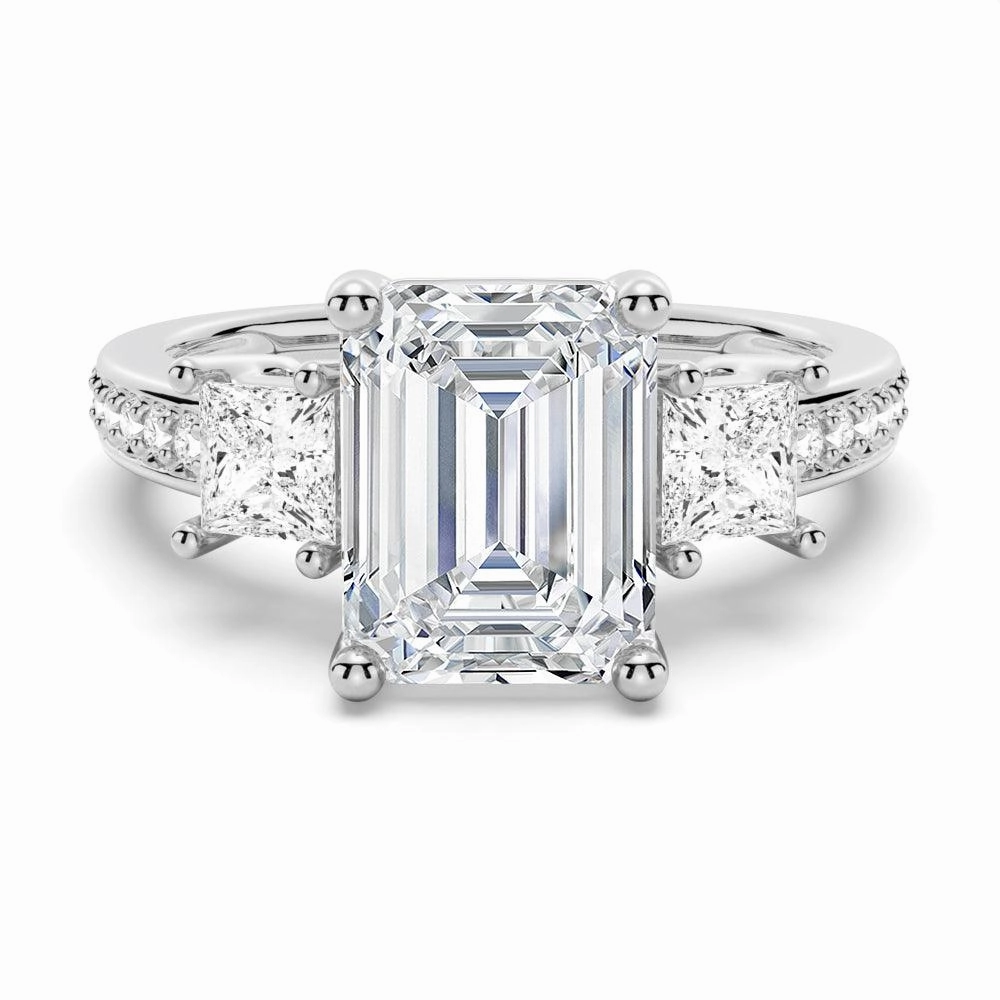 Emerald Shaped Three Stone Engagement Ring Weatherproof Layer
