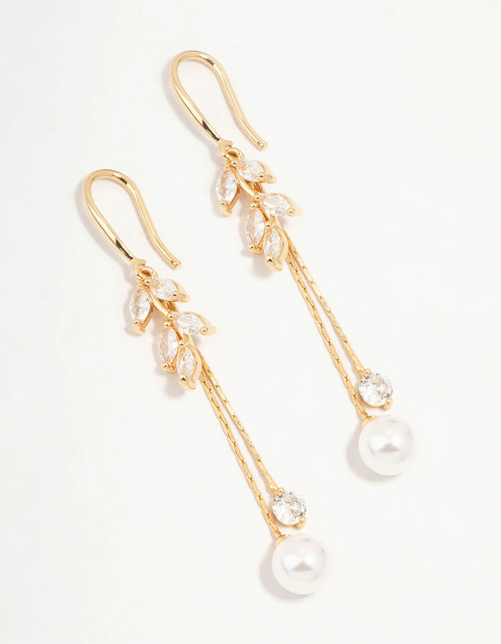 Gold Cubic Zirconia Leaf & Pearl Drop Earrings Dainty Shine