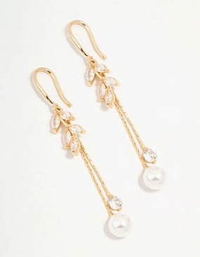 Gold Cubic Zirconia Leaf & Pearl Drop Earrings Dainty Shine