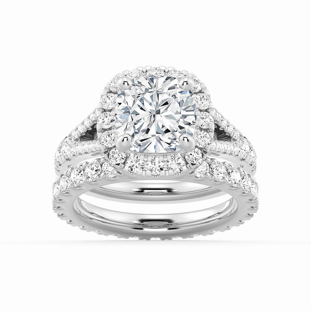 Halo Cushion Cut Split Shank Moissanite Ring Set with Matching Wedding Band Eternal Piece