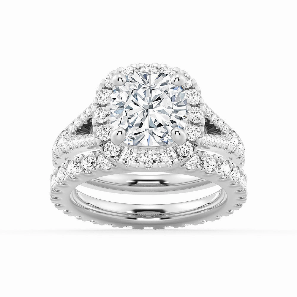 Luxury Finish Contemporary Sign Halo Cushion Cut Split Shank Moissanite Ring Set with Matching Wedding Band