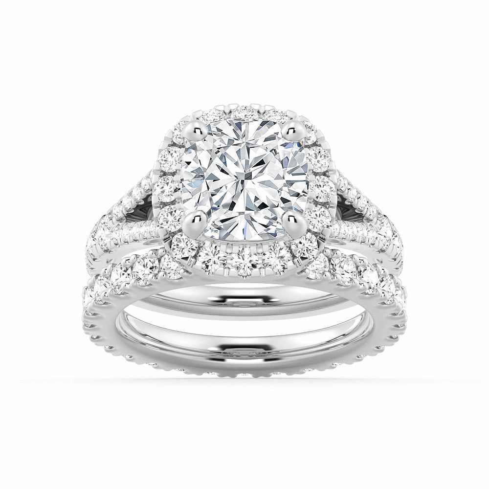 Halo Cushion Cut Split Shank Moissanite Ring Set with Matching Wedding Band Metallic Sheen