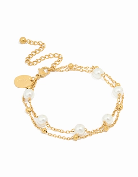Waterproof Gold Plated Stainless Steel Double Layer Pearl Ball Bracelet Polished Style