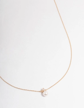 Gold Plated Sterling Silver Pearl Cubic Zirconia Necklace Soft Accent