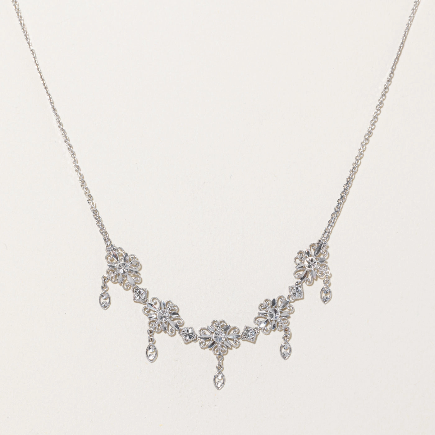 Dainty Detail 14k White Gold Scrollwork Ornate Pendant Necklace | 23"