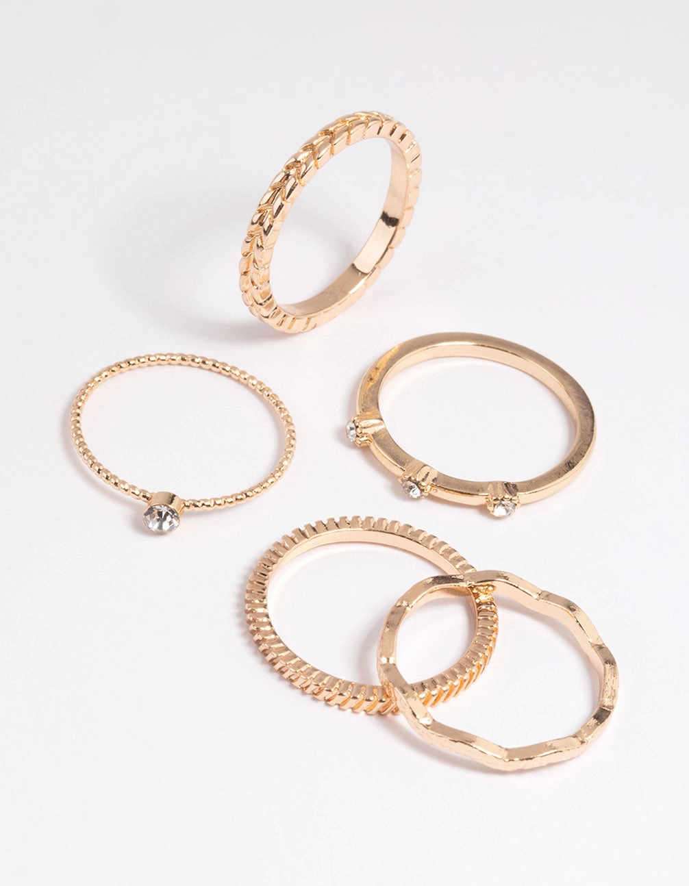Gold Textured Diamante Ring Stack 5-Pack Minimal Pop