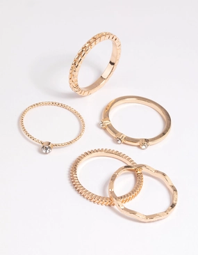 Gold Textured Diamante Ring Stack 5-Pack Minimal Pop
