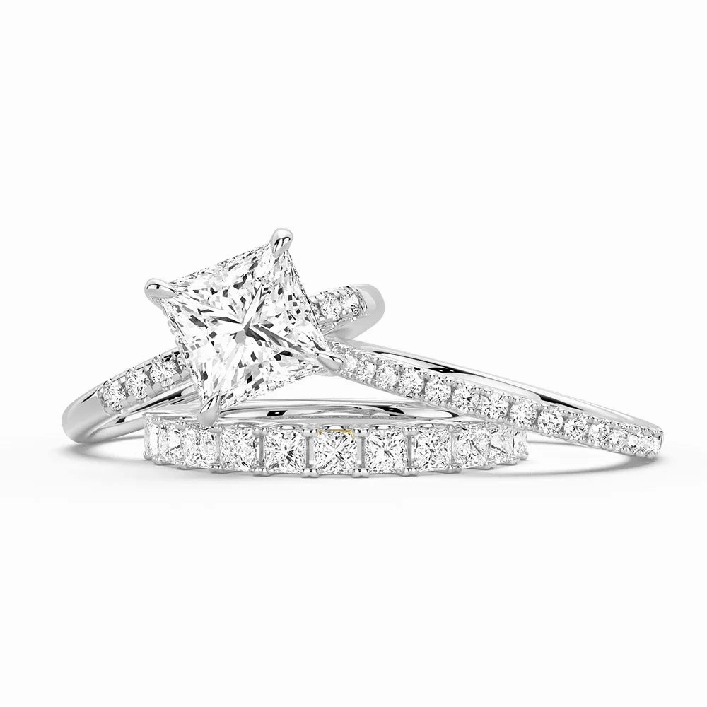 man made Meaningful Article Princess Cut Hidden Halo Moissanite Ring Set with Matching Stacking Band