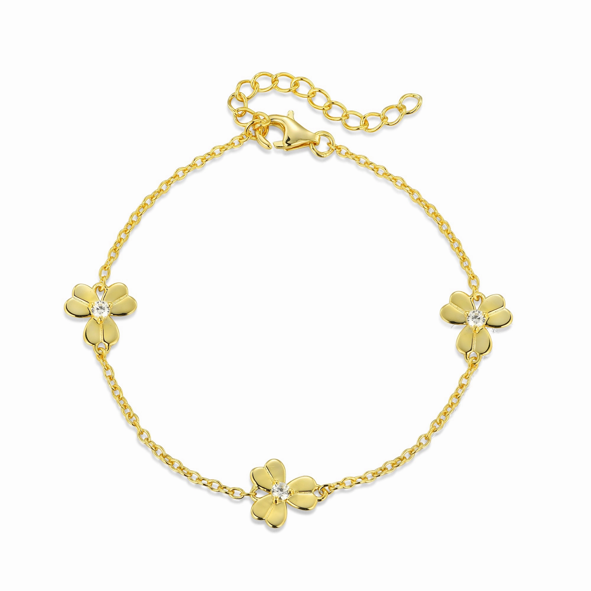 Gold Plated or Rhodium Plated Sterling Silver Three Leaf Flower With CZ Station Bracelet Reliable Fusion Ancestral Blessing