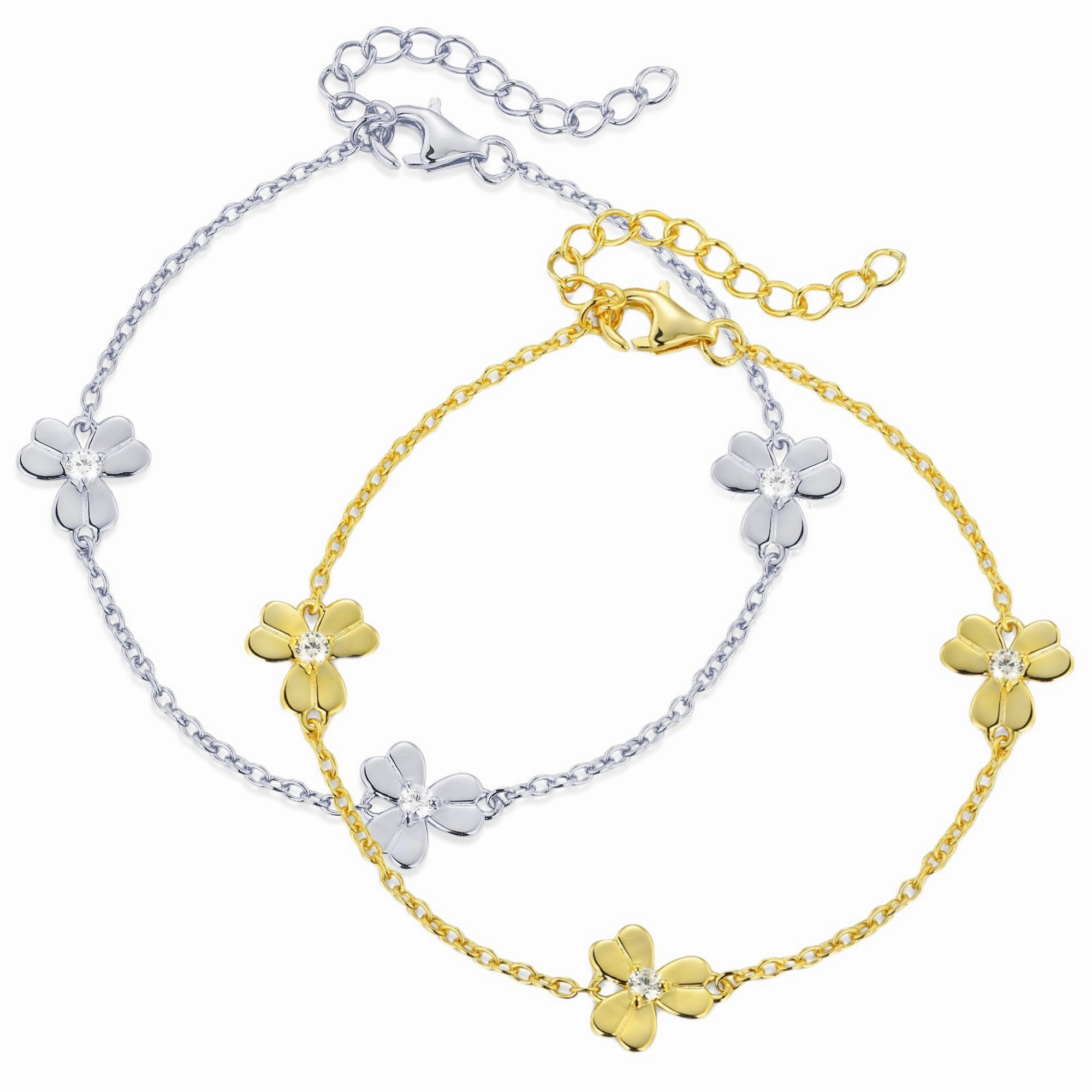 Fortunate Mixes Gold Plated or Rhodium Plated Sterling Silver Three Leaf Flower With CZ Station Bracelet