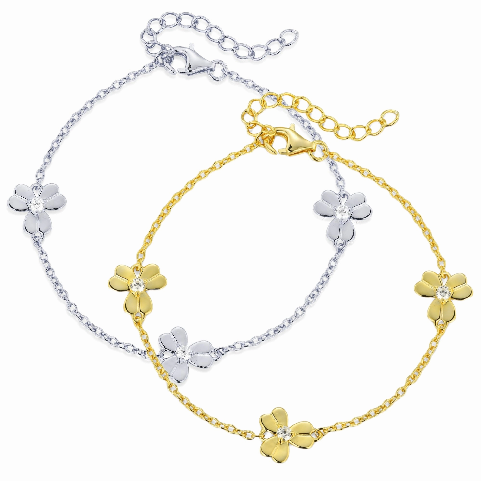 Gold Plated or Rhodium Plated Sterling Silver Three Leaf Flower With CZ Station Bracelet Universally Loved Honest Beauty