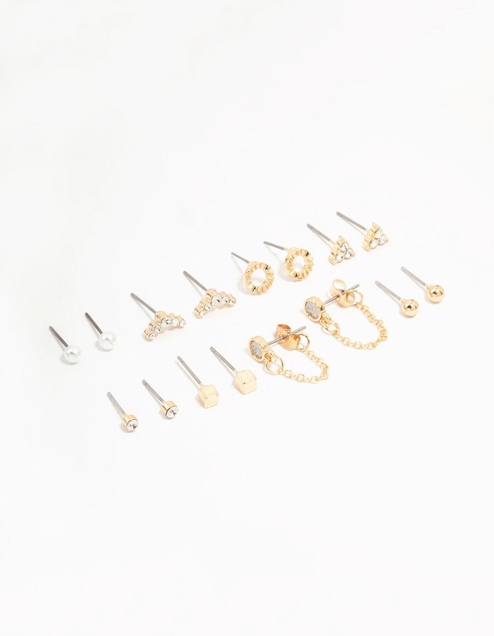 Gold Stud & Chain Diamante Earrings 8-Pack Handcrafted Highlight