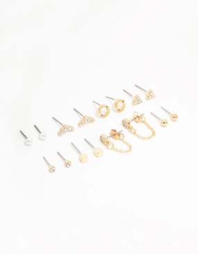 Gold Stud & Chain Diamante Earrings 8-Pack Handcrafted Highlight