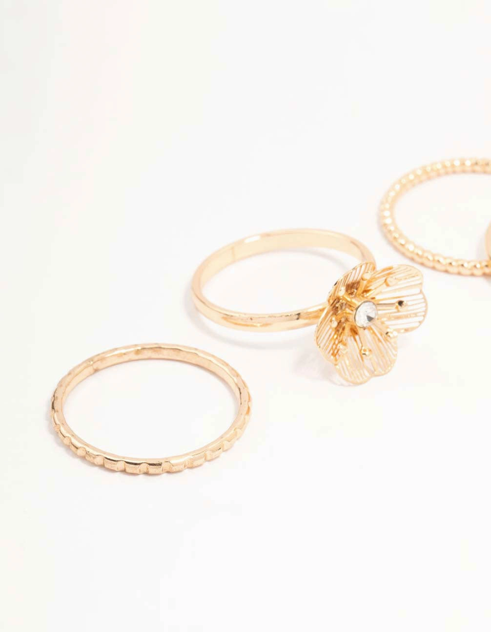 Gold Diamante Wire Flower Rings 3-Pack Minimal Form