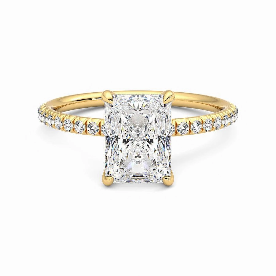 Flirty Accent Bold Product Four Prong Radiant Cut Moissanite Engagement Ring with Hidden Anniversary Stone Accent