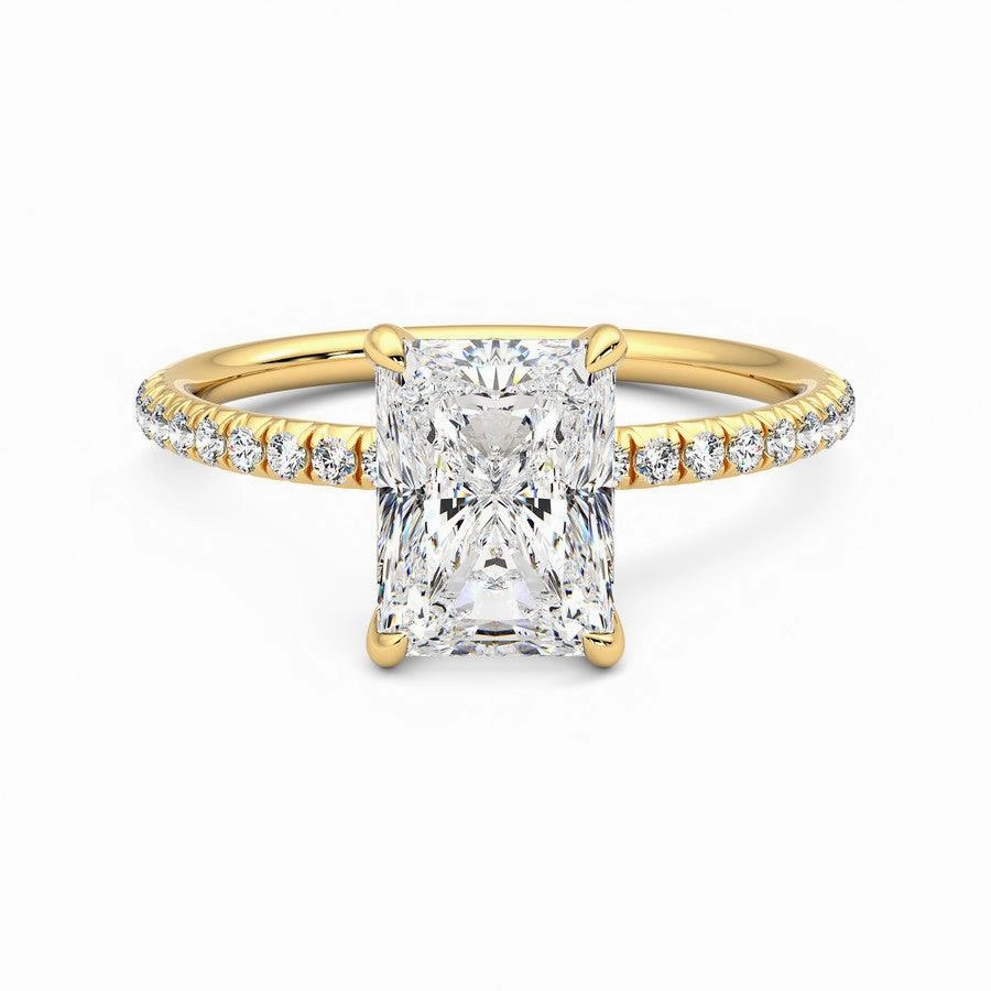 Four Prong Radiant Cut Moissanite Engagement Ring with Hidden Anniversary Stone Accent Easy Appearance Chic Focus