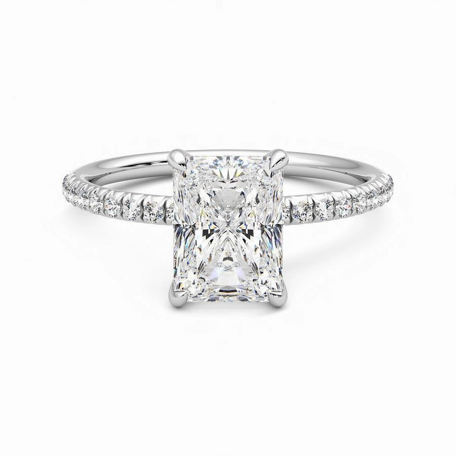 Romantic Statement Timeless Finish Four Prong Radiant Cut Moissanite Engagement Ring with Hidden Anniversary Stone Accent