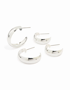 Classic Ornament Sturdy Finish Silver Teardrop & Round Hoop Earrings 2-Pack