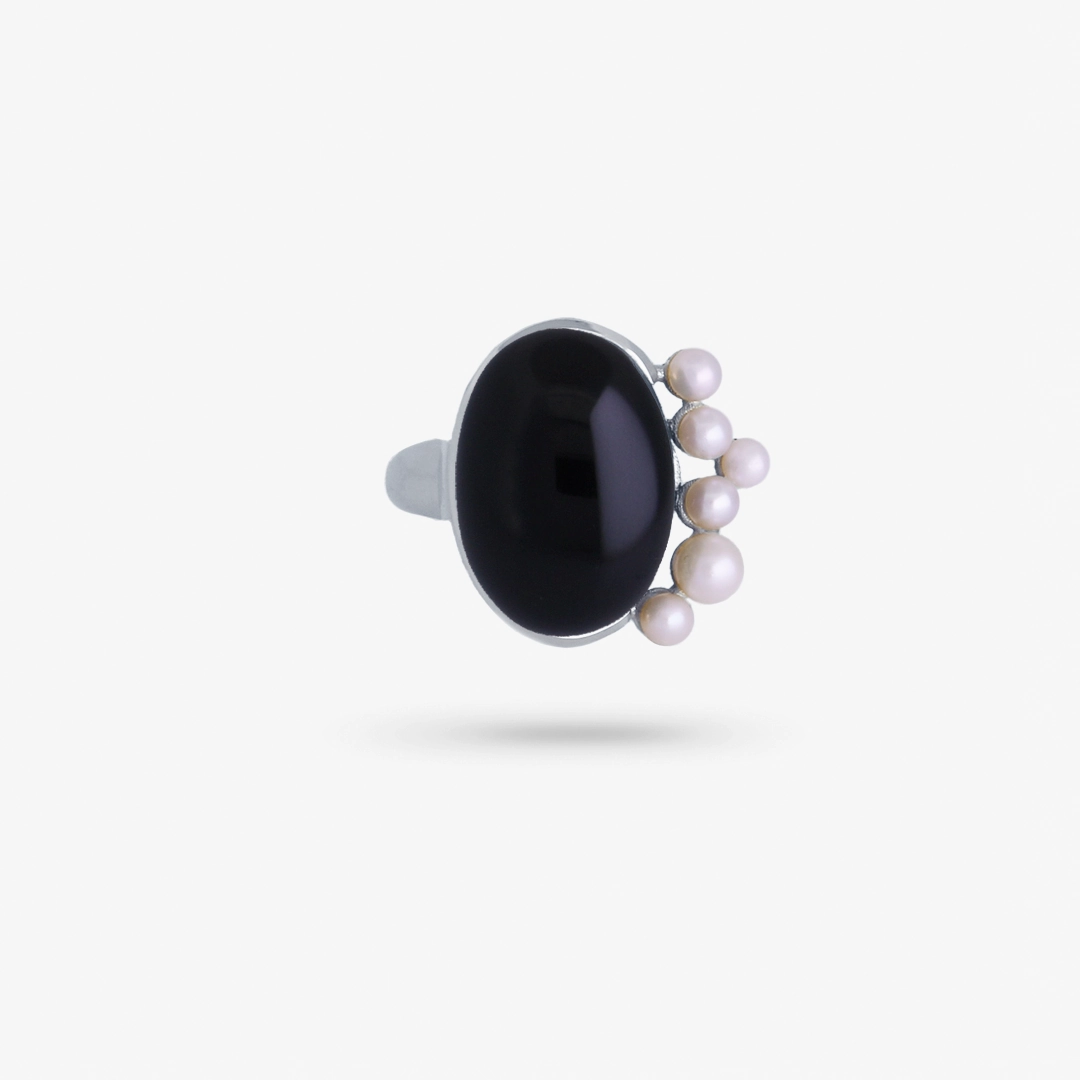 Amare Wear Pearl Bloom Ring with Black Onyx Silver Custom Gifts Shining Accent