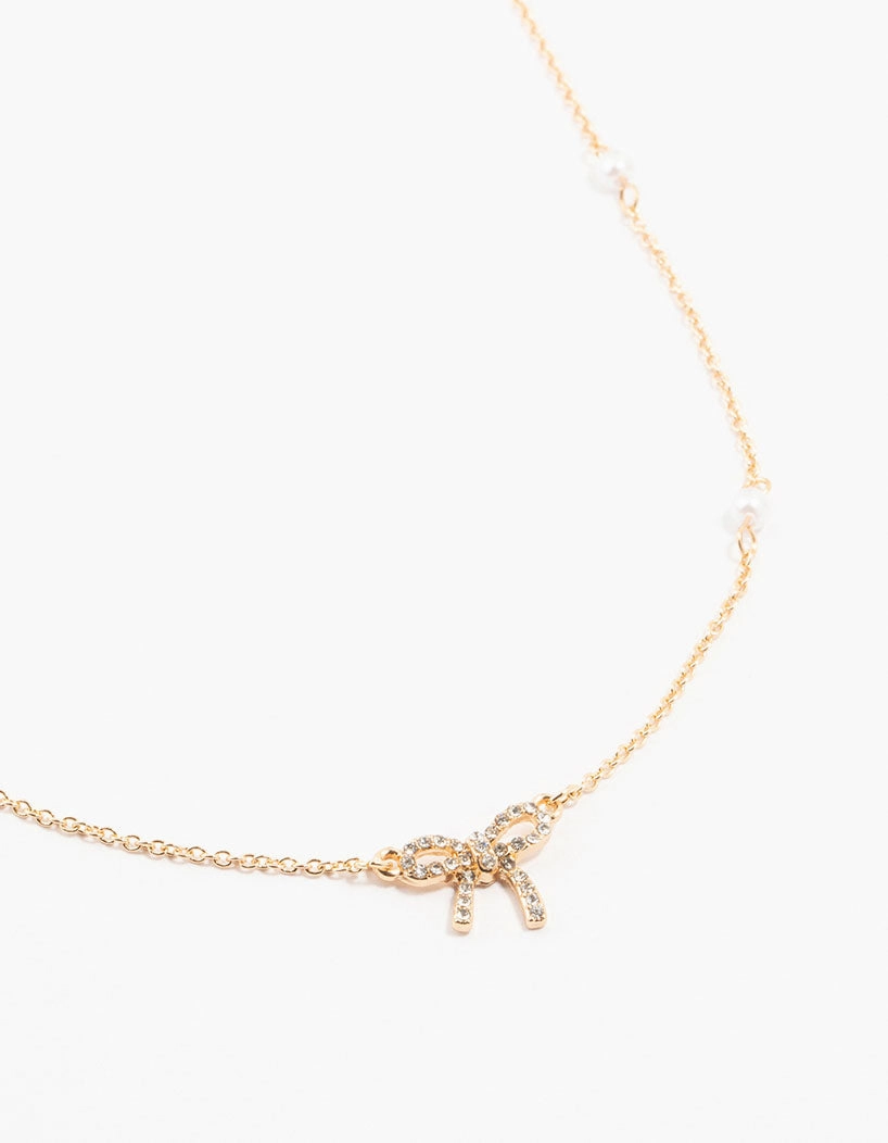 Fine Present For Her Gold Plated Station Pearl Diamante Bow Pendant Necklace