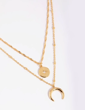Unique Feature Gift For Friend Gold Plated Brass Celestial Layered Necklace