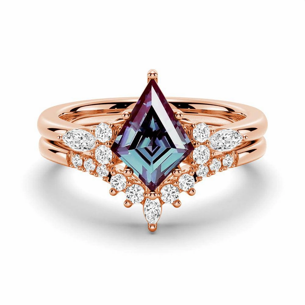 Functional Style 2 CT. Art Deco Kite Cut Alexandrite Engagement Ring Set With Moissanite Accents