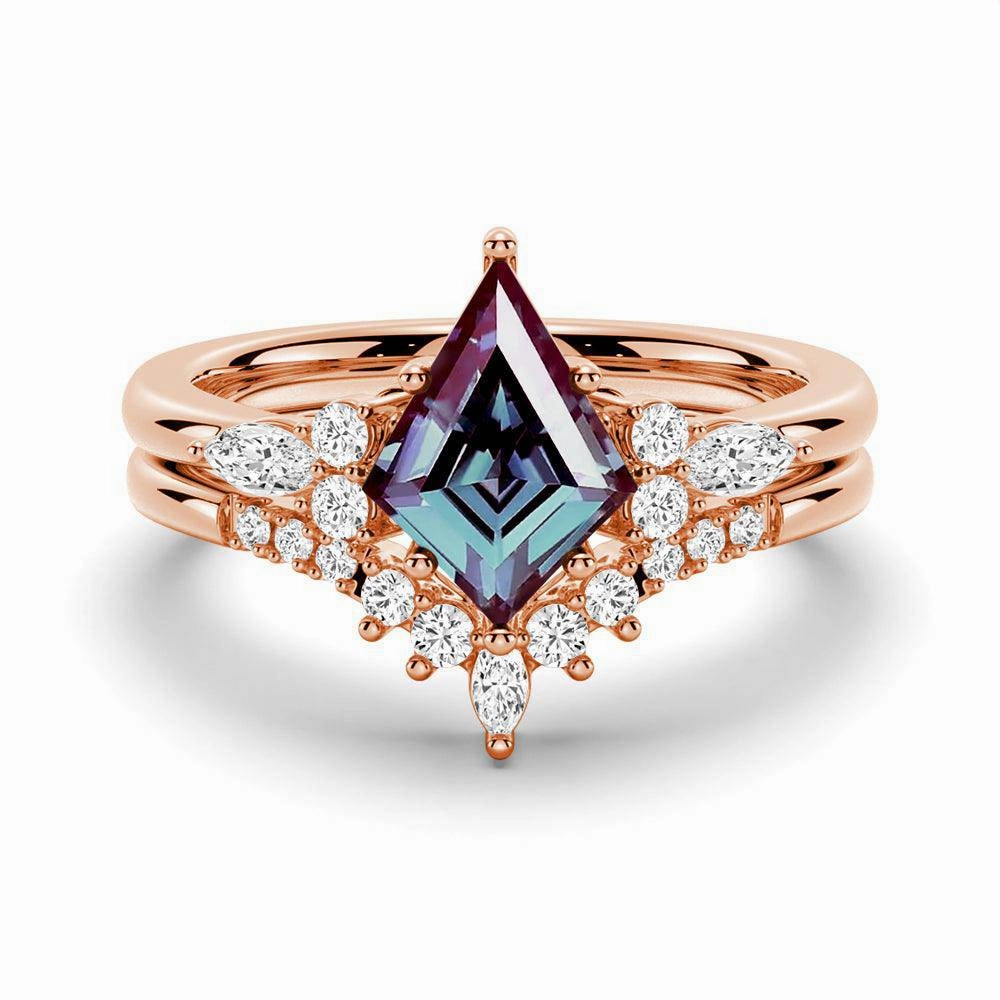 Graceful Texture Lightweight Art 2 CT. Art Deco Kite Cut Alexandrite Engagement Ring Set With Moissanite Accents