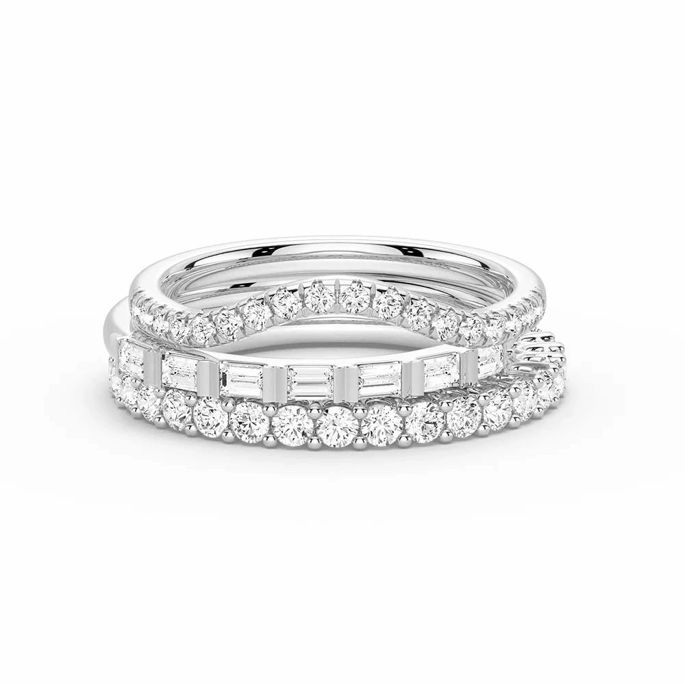 Baguette and Round Cut Moissanite Wedding Bands with French Pave Band Stacking Rings Holiday Gift