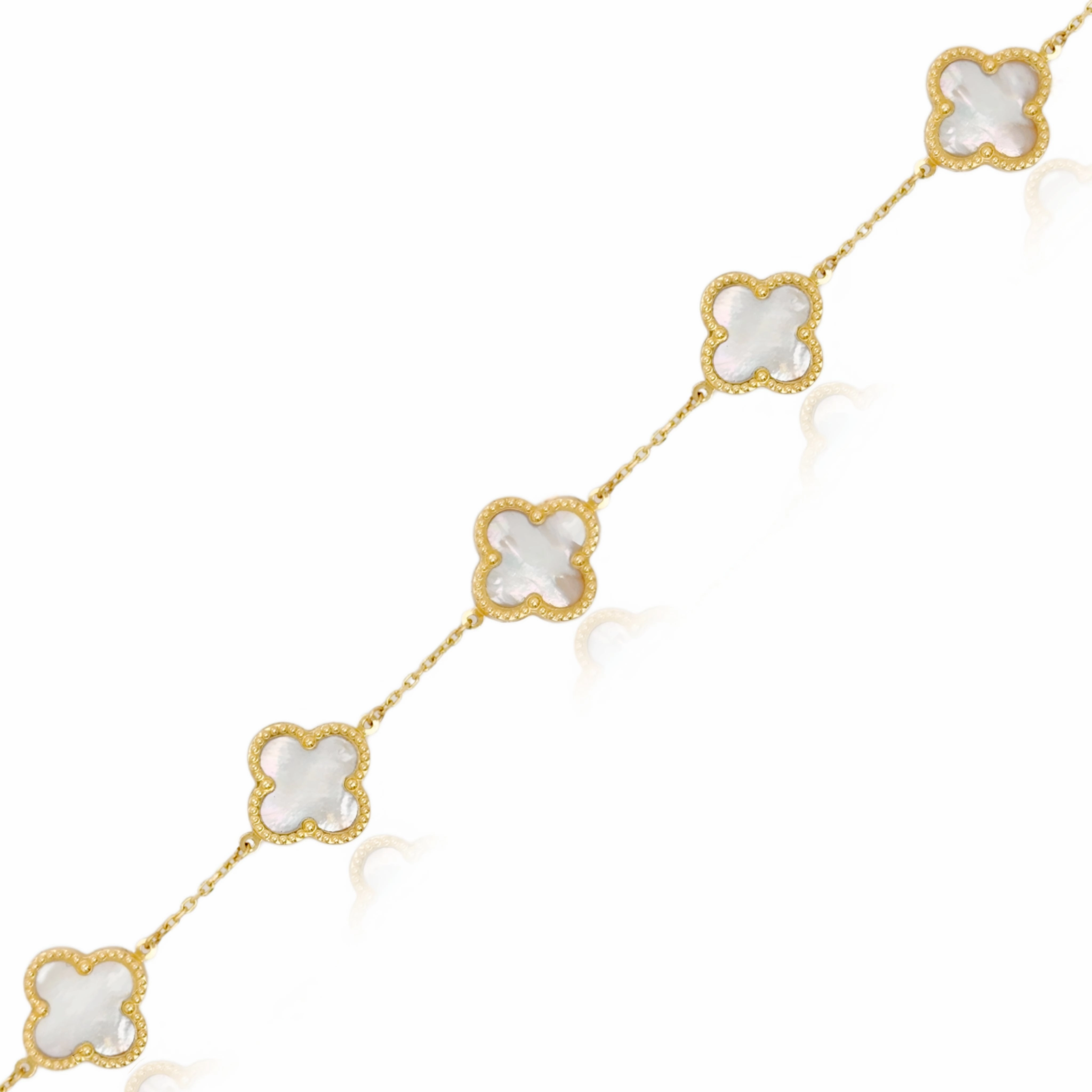 14k Gold Mother of Pearl With Beaded Border Clover Bracelet Exceptional Talent