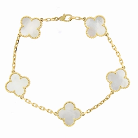 14k Gold Mother of Pearl With Beaded Border Clover Bracelet Glamorous touch