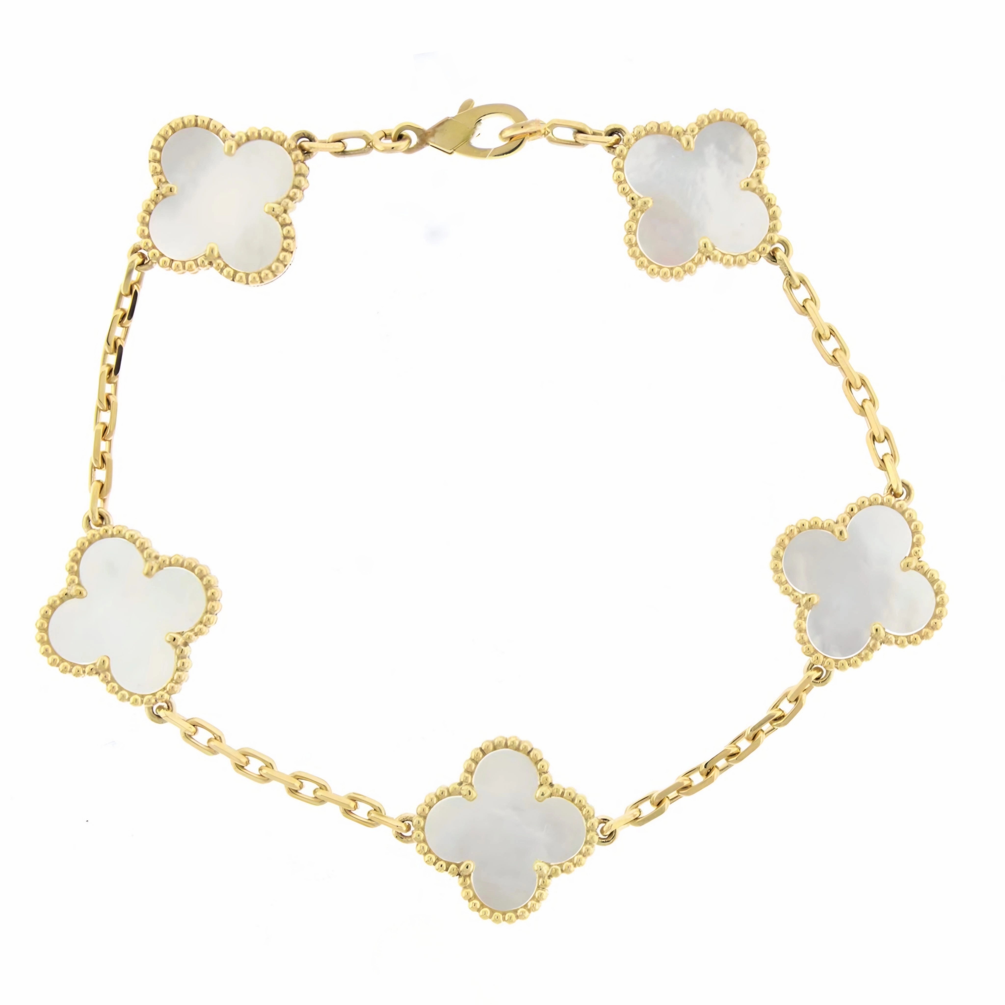 14k Gold Mother of Pearl With Beaded Border Clover Bracelet Glamorous touch